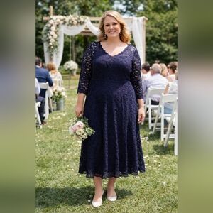 Monsoon Navy Lace Midi Dress 3/4 Sleeve Empire Waist NWT Size 14